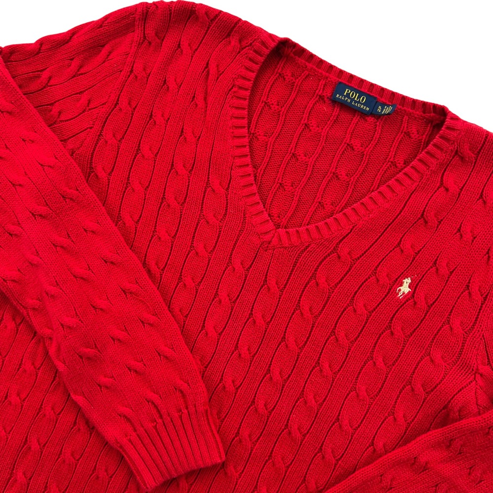 Polo Ralph Lauren Cable Knit Sweater Women XL Red V-Neck Cotton Preppy Fisherman